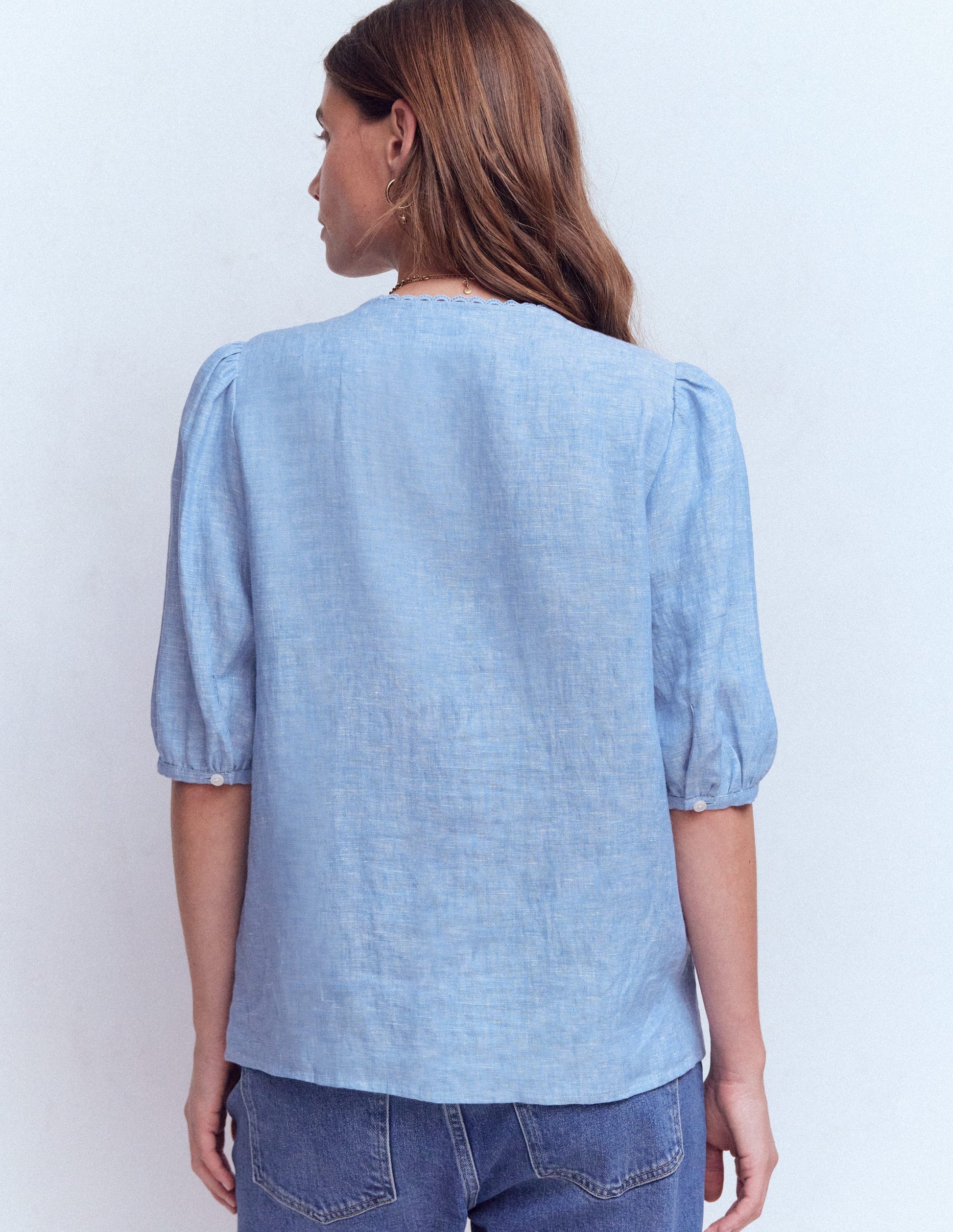 Leah Short Sleeve Linen Top-Blue Chambray-3