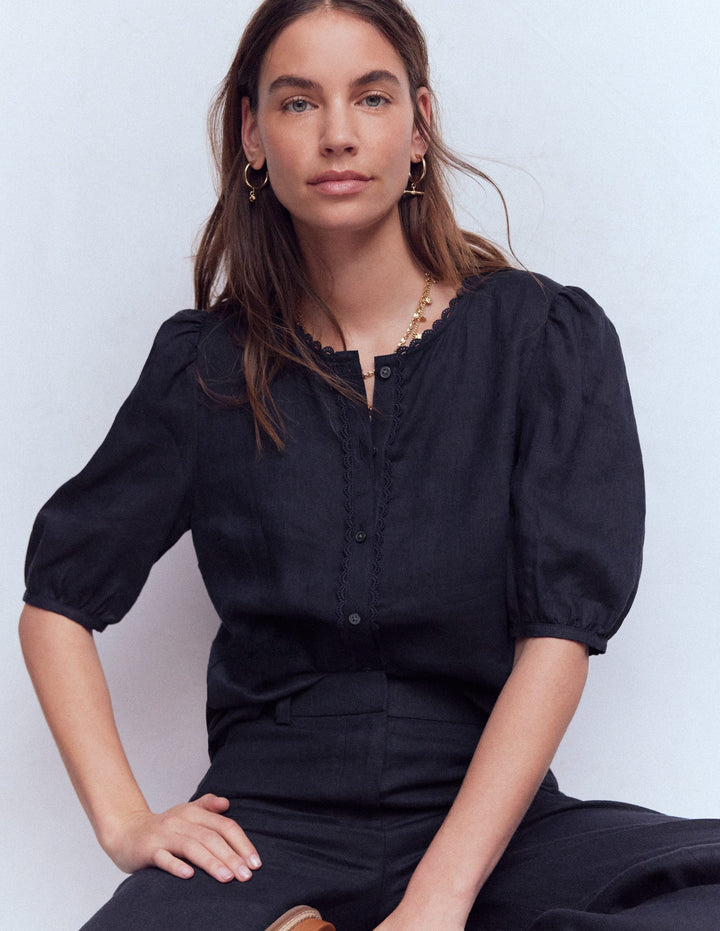 Leah Short Sleeve Linen Top-Navy