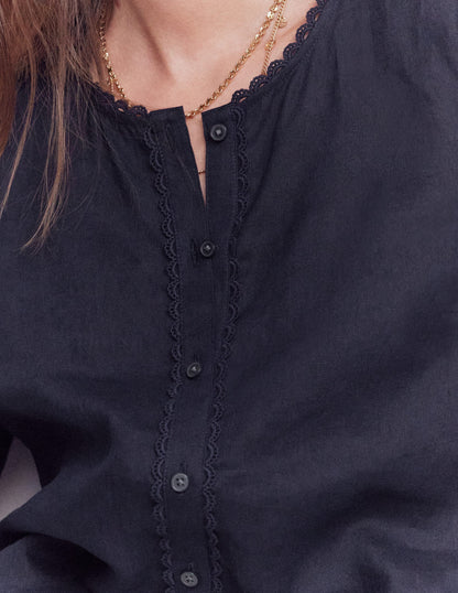 Leah Short Sleeve Linen Top-Navy-2