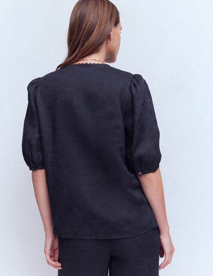 Leah Short Sleeve Linen Top-Navy-3