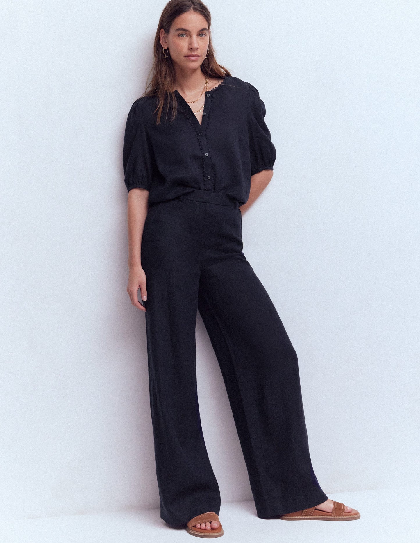 Leah Short Sleeve Linen Top-Navy