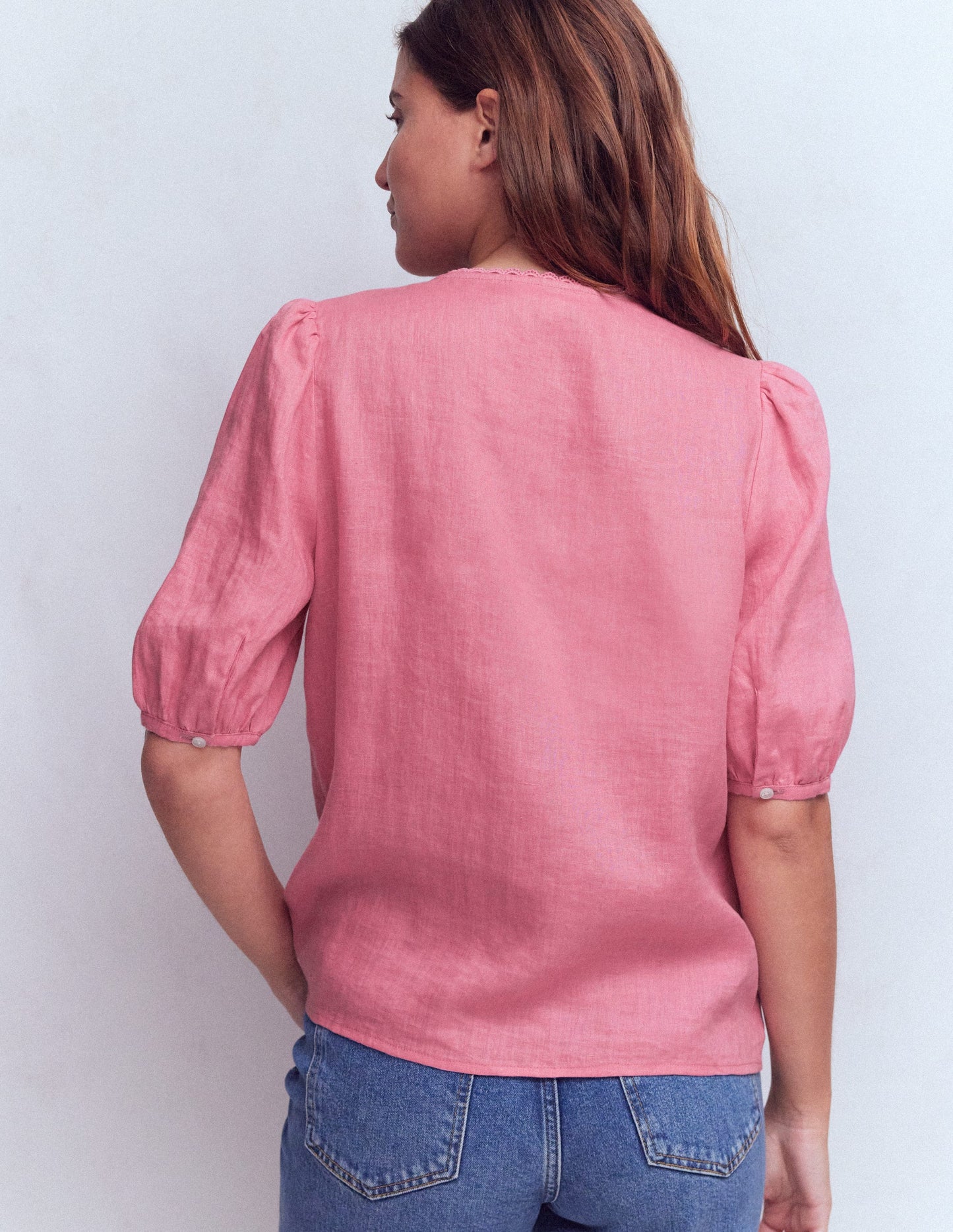 Leah Short Sleeve Linen Top-Pink Parfait