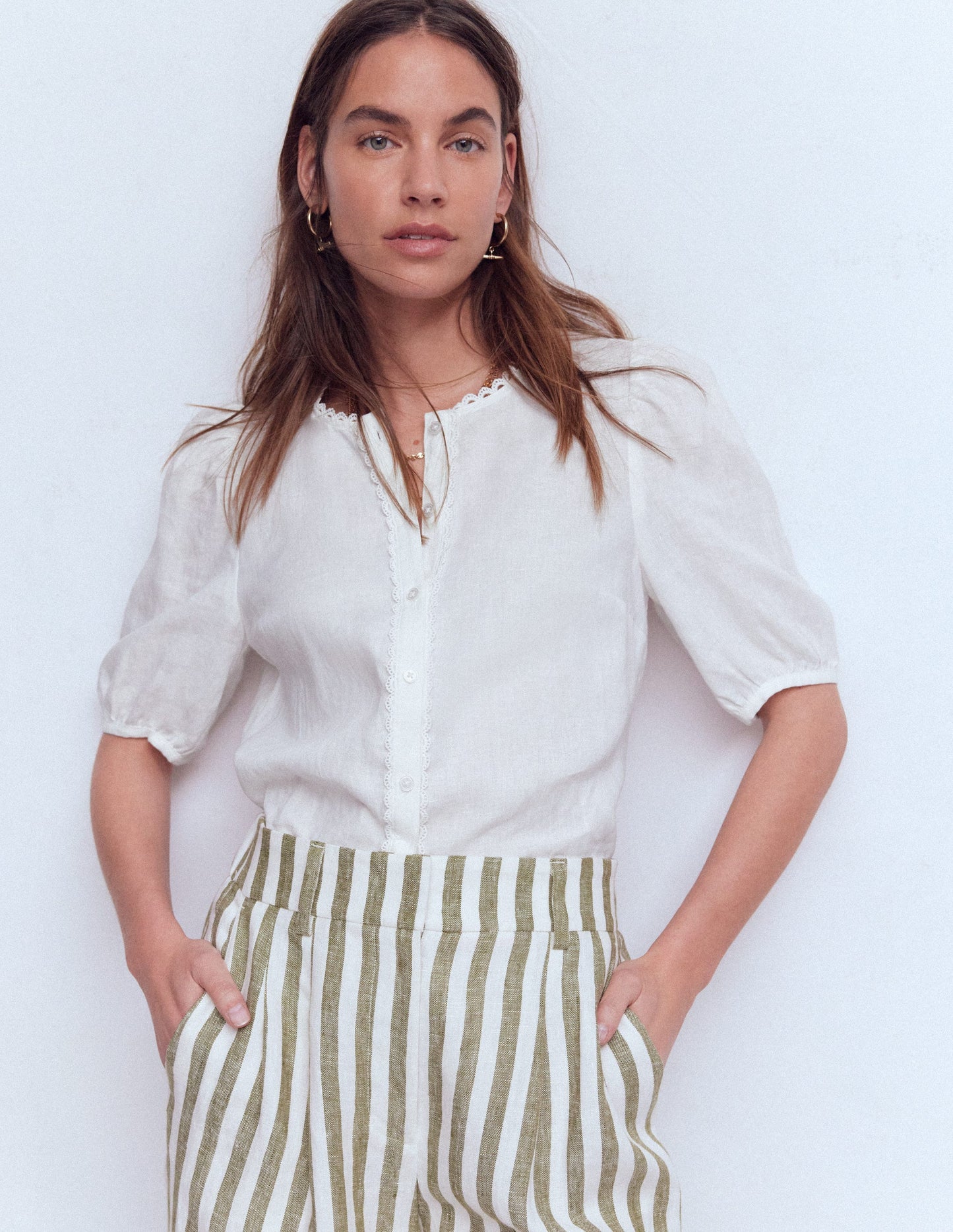 Leah Short Sleeve Linen Top-White