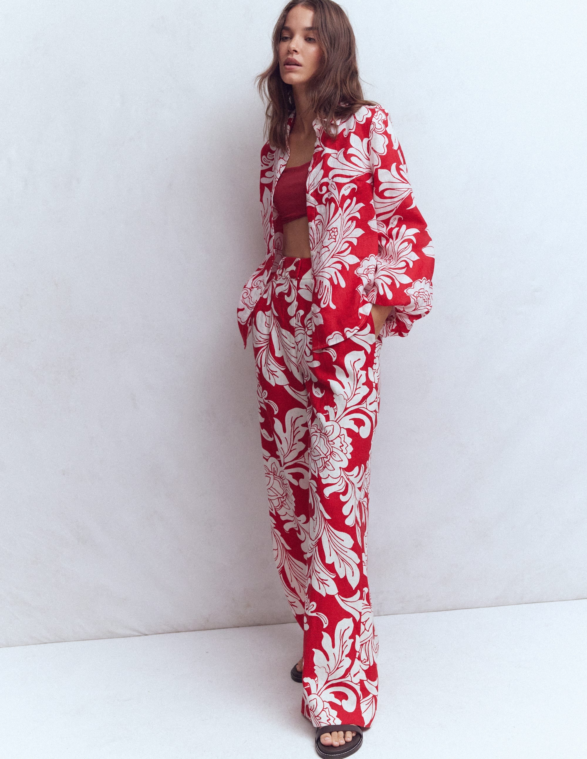 Puff Sleeve Linen Shirt-Merida Red, Botanical Flourish - Image 2