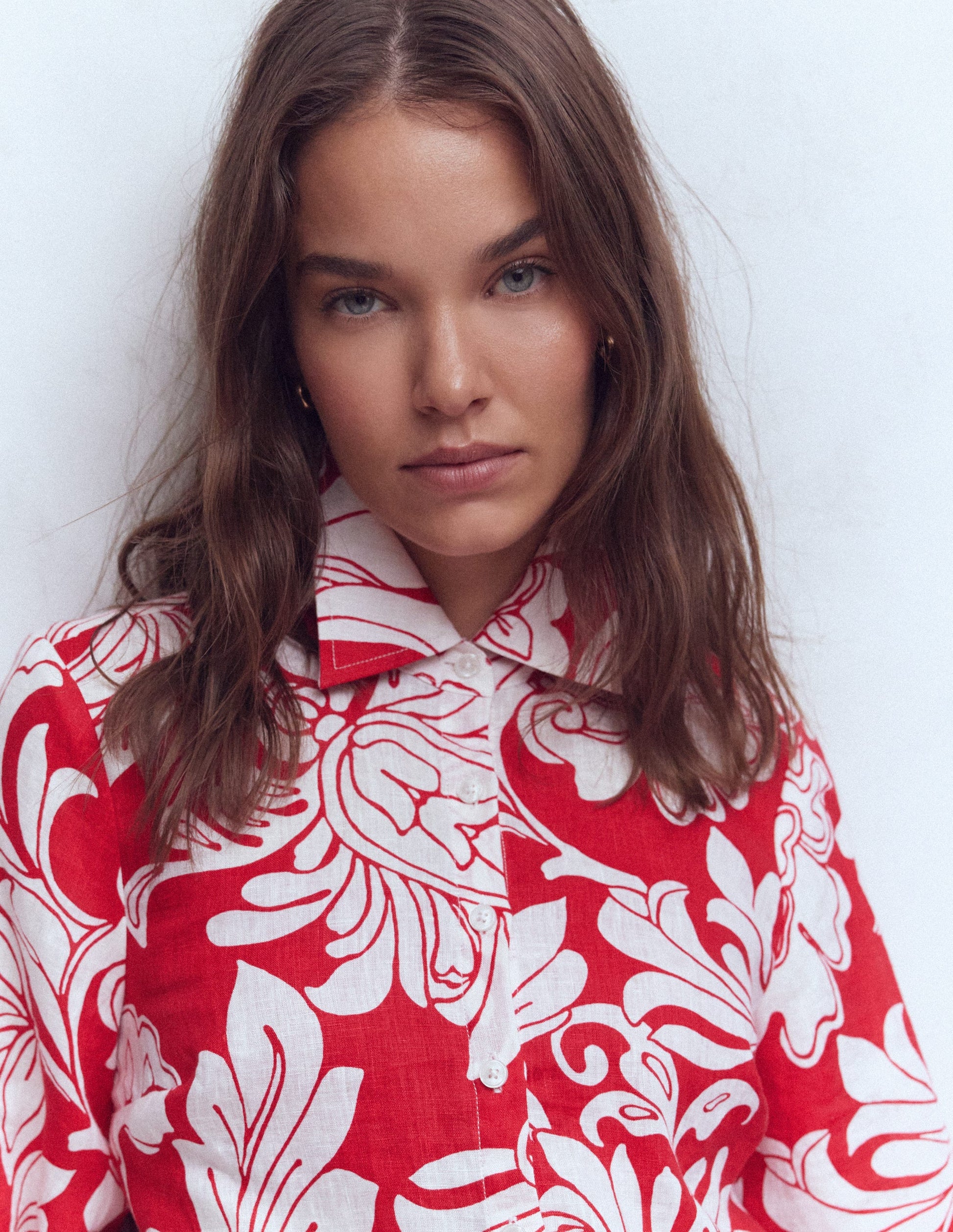 Puff Sleeve Linen Shirt-Salsa Botanical Flourish Mono-4