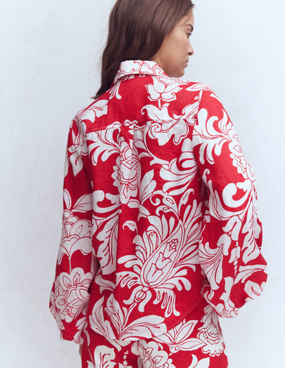 Puff Sleeve Linen Shirt-Salsa Botanical Flourish Mono-5