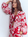 Puff Sleeve Linen Shirt-Merida Red, Botanical Flourish