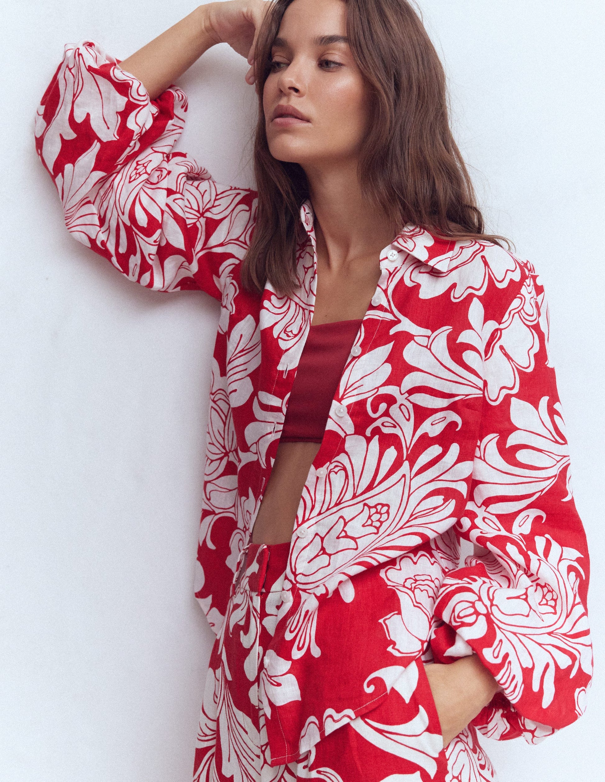 Puff Sleeve Linen Shirt-Salsa Botanical Flourish Mono-1