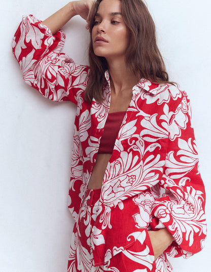 Puff Sleeve Linen Shirt-Salsa Botanical Flourish Mono-1