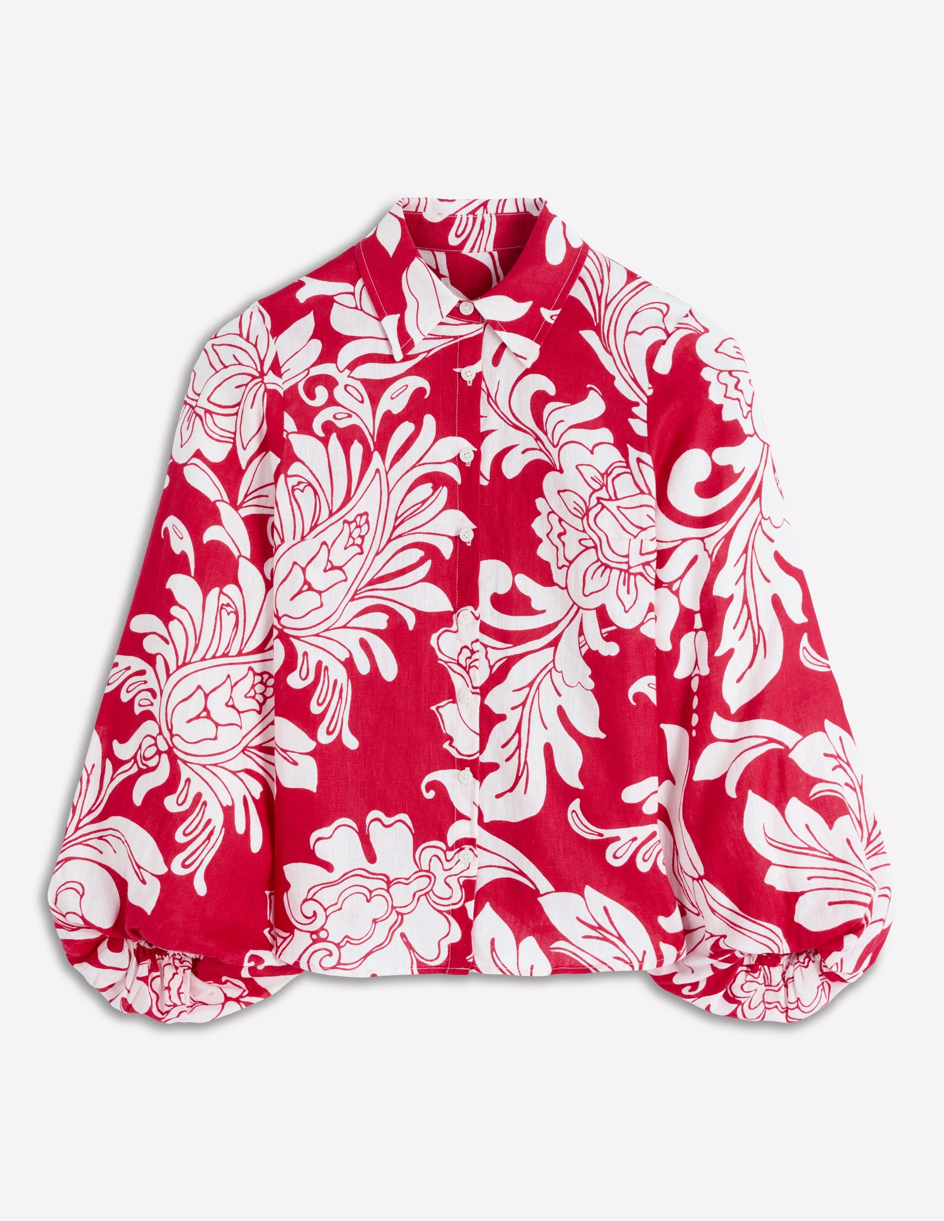 Puff Sleeve Linen Shirt-Merida Red, Botanical Flourish-6