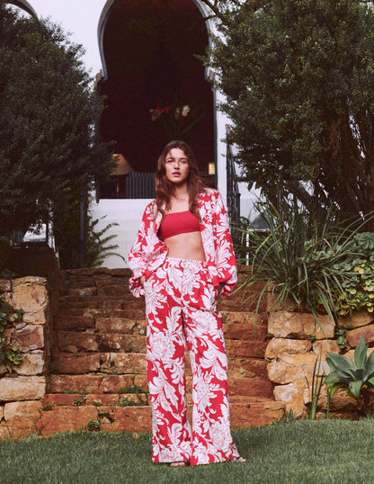 Puff Sleeve Linen Shirt-Salsa Botanical Flourish Mono-2