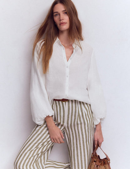 Puff Sleeve Linen Shirt-White-1