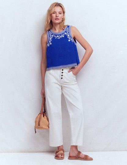 Sofia Embroidered Linen Top-Surf The Web, Ivory Flower EMB-4