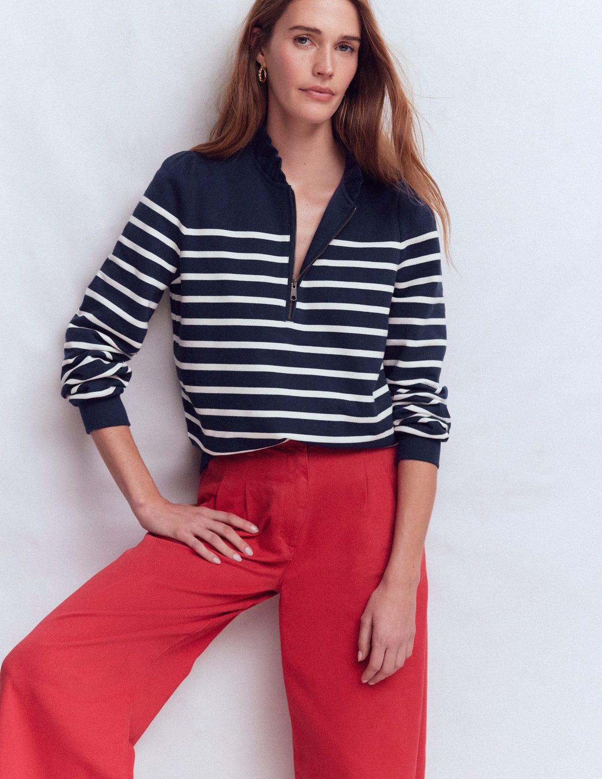 Half-Zip Frill Sweatshirt-Placement Stripe - Image 1