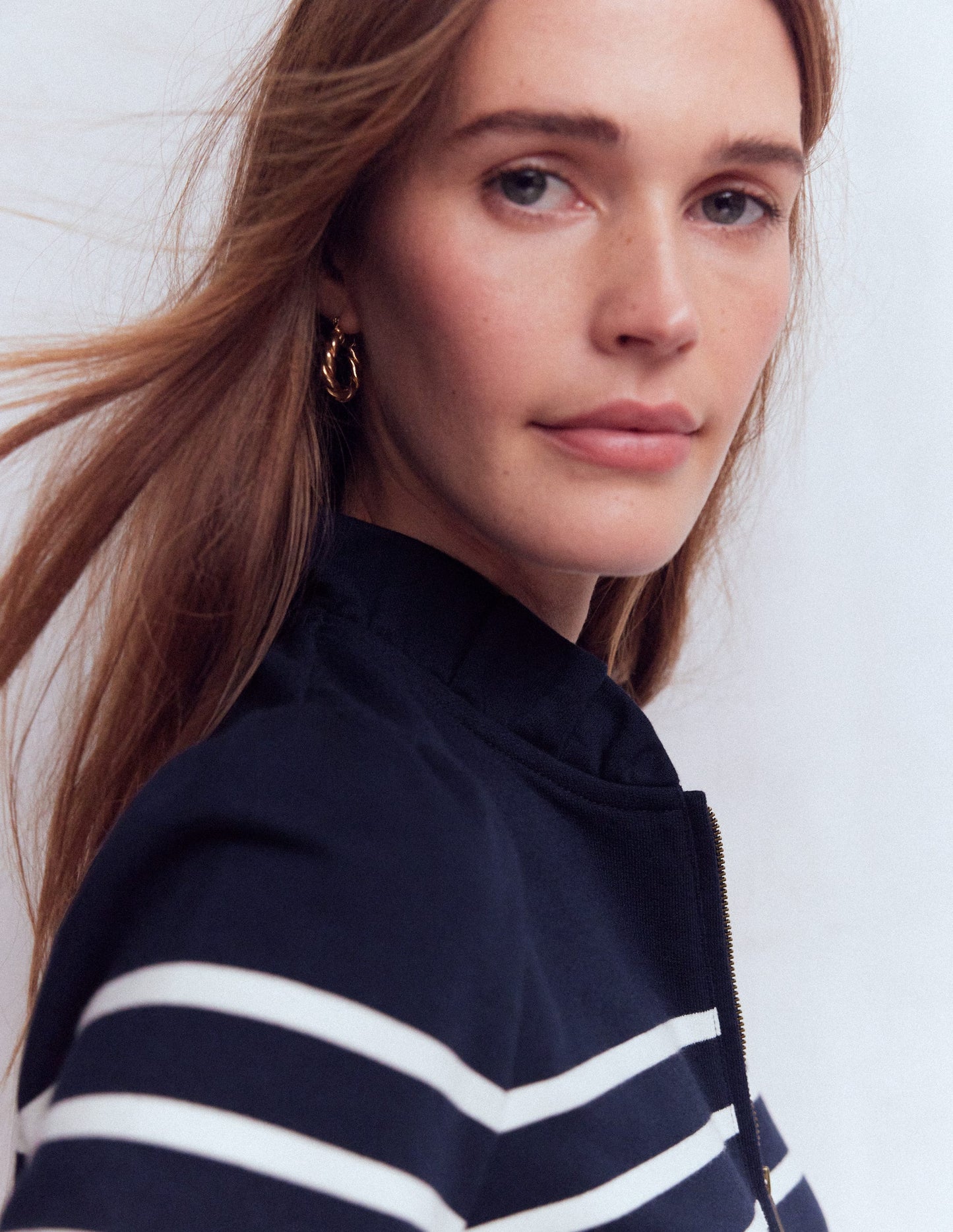 Half-Zip Frill Sweatshirt-Navy, Ivory Stripe