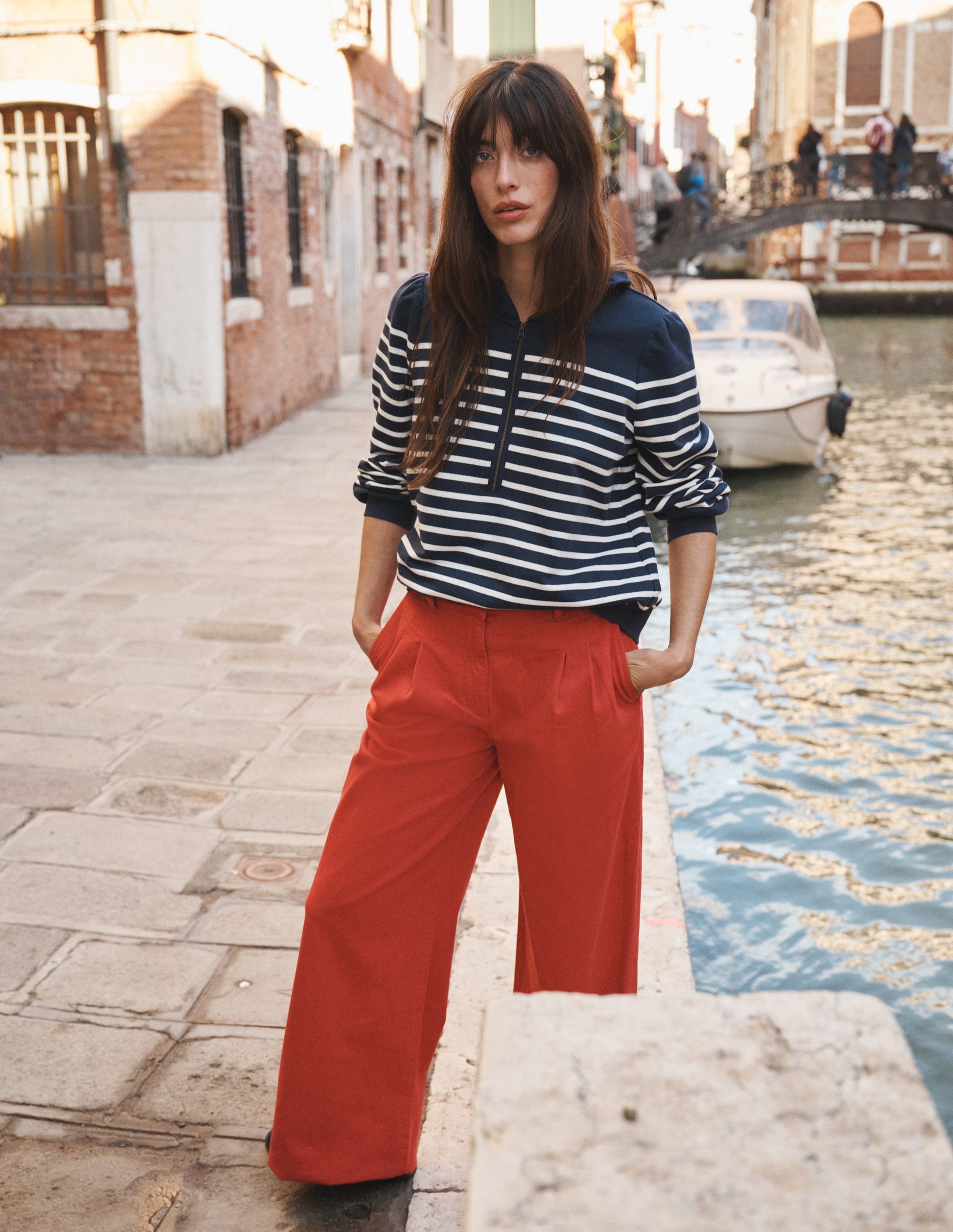 Half-Zip Frill Sweatshirt-Navy, Ivory Stripe-6