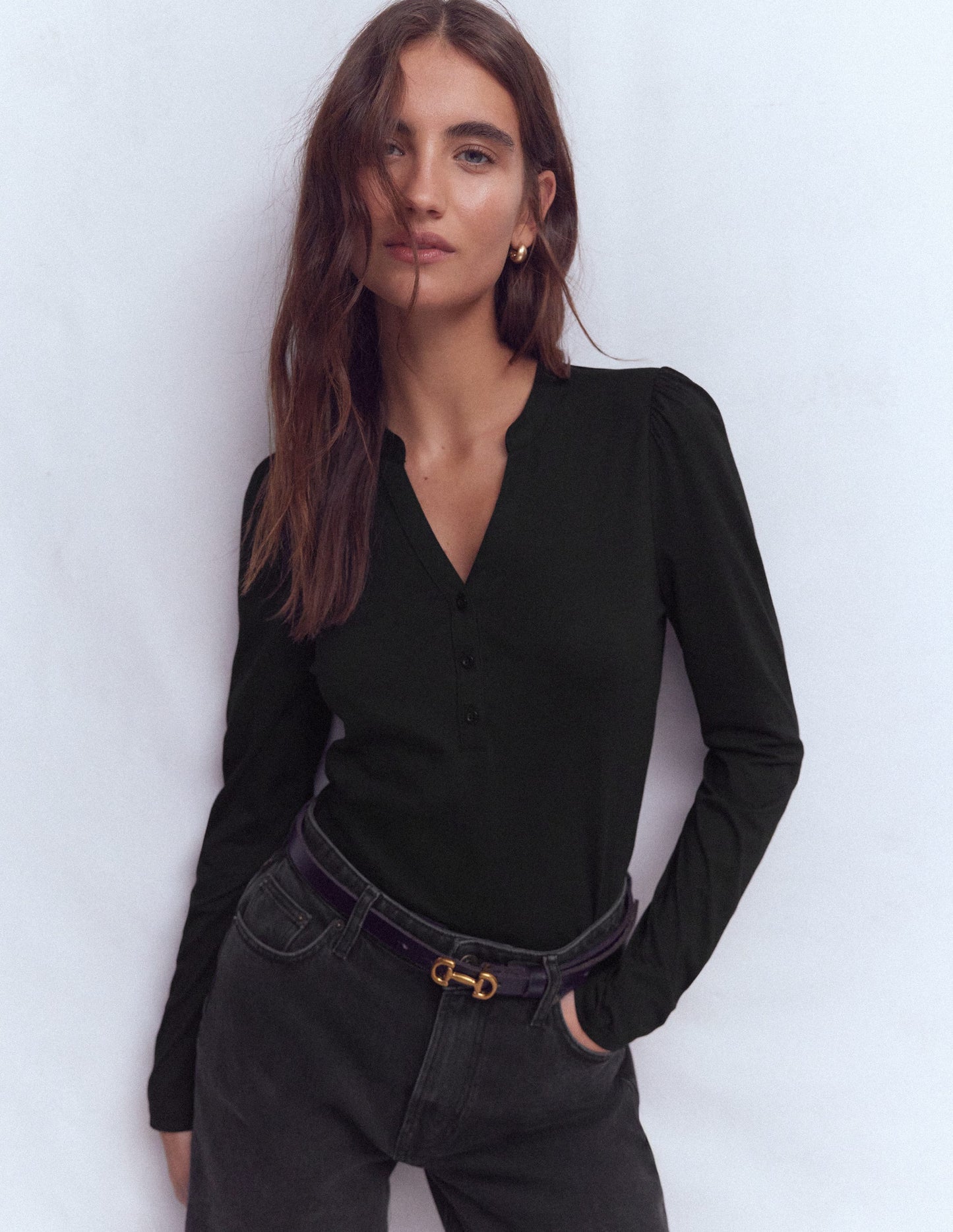 Supersoft Open Neck Henley-Black