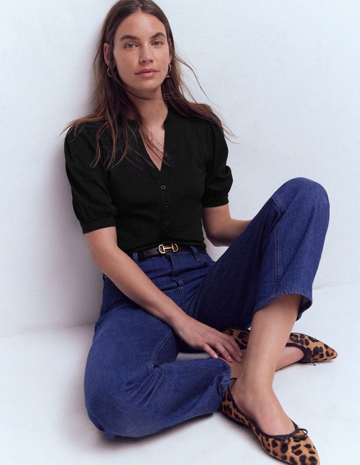 Short Sleeve Open Neck Henley-Black