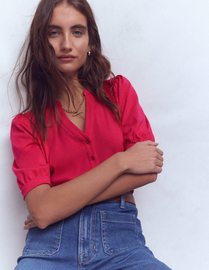 Short Sleeve Open Neck Henley-Pomegranate