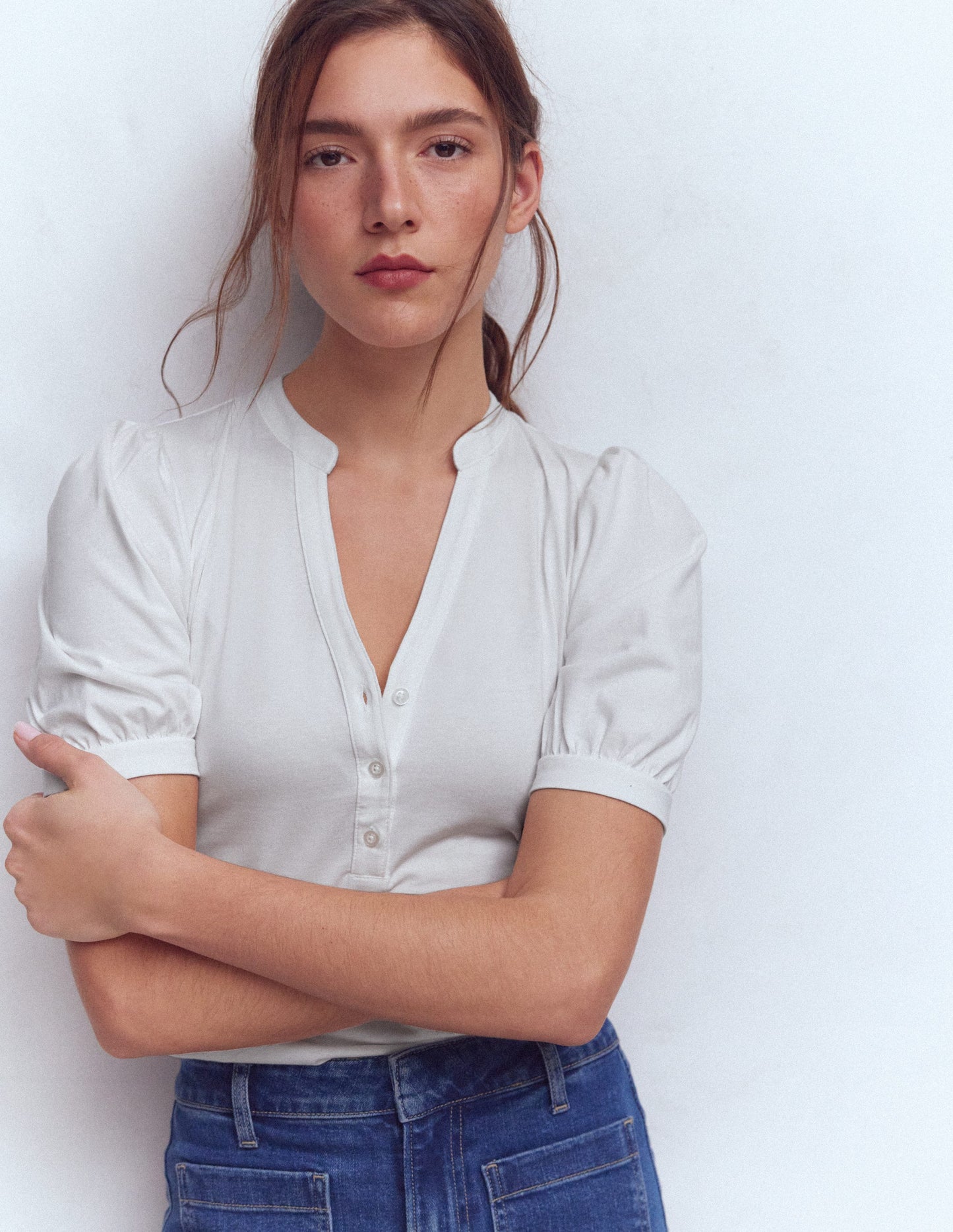 Short Sleeve Open Neck Henley-White