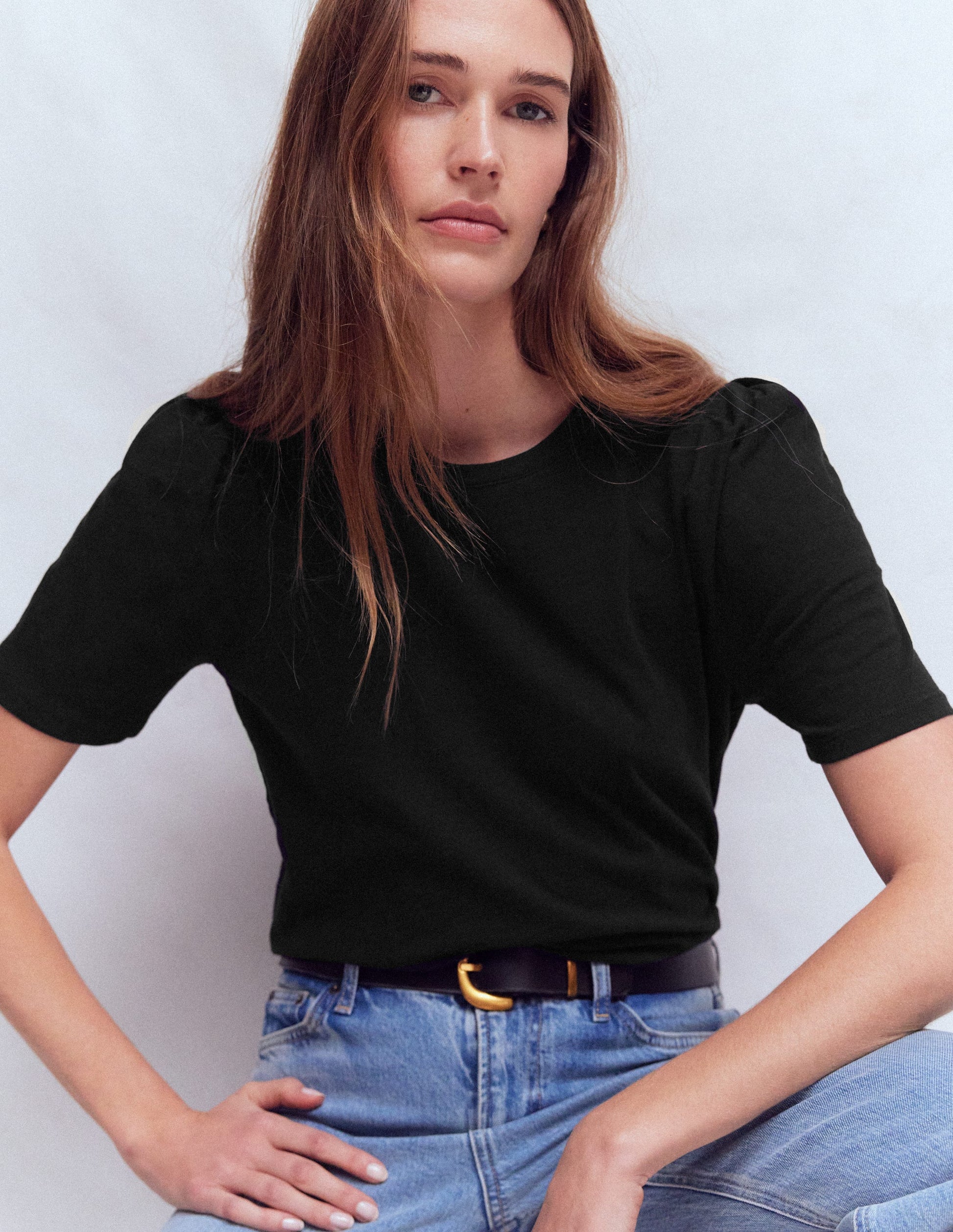 Pleat Sleeve T-shirt-Black-1