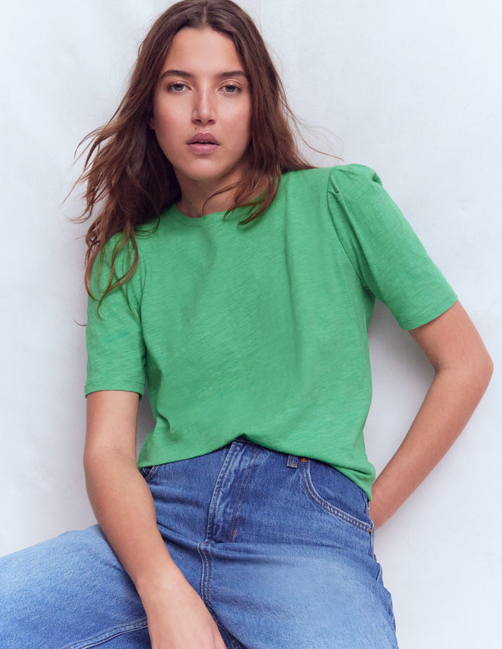 Pleat Sleeve T-shirt-Aloe Green