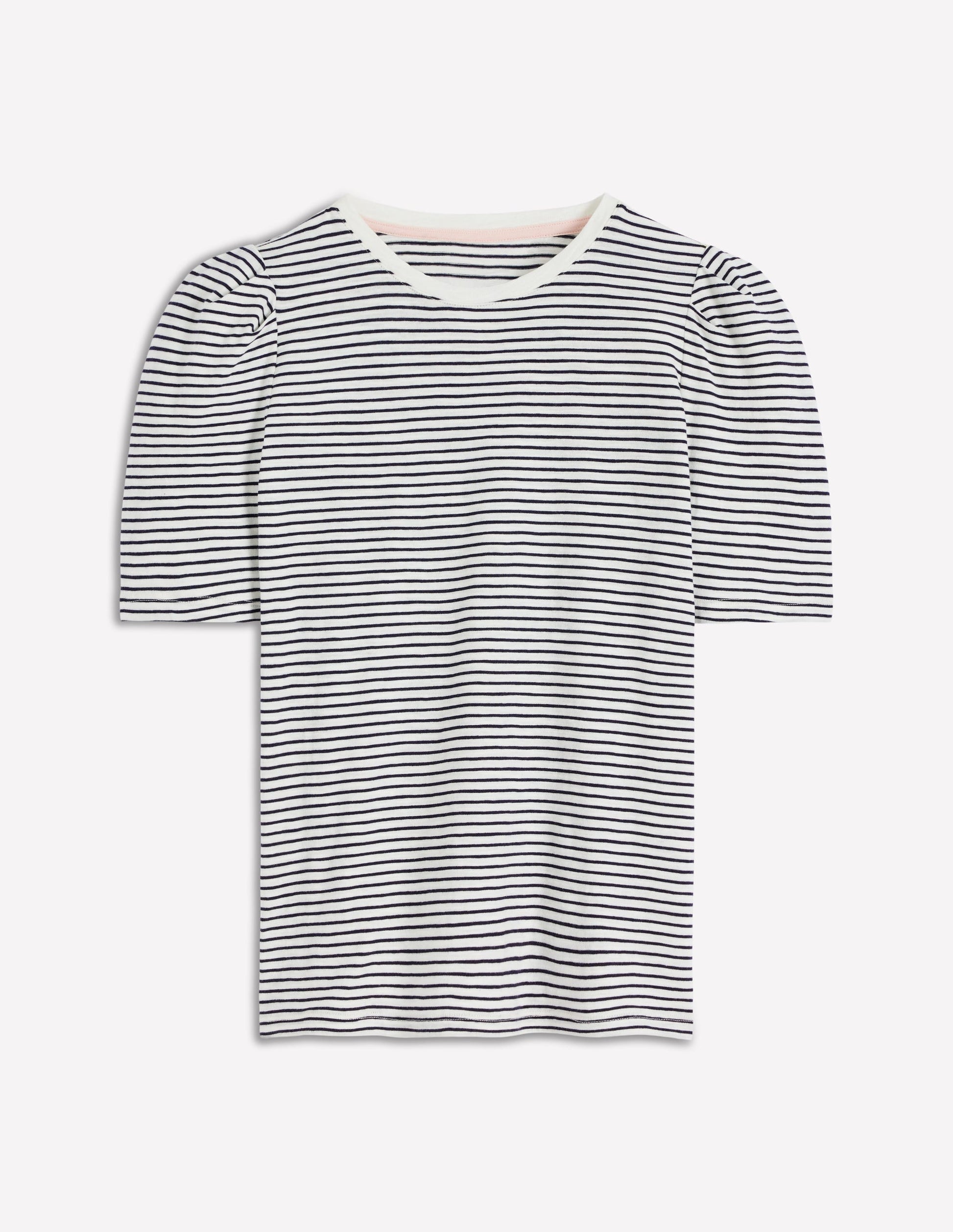 Pleat Sleeve T-shirt-Navy and Ivory Stripe-6