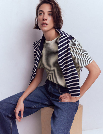 Pleat Sleeve T-shirt-Navy and Ivory Stripe-1