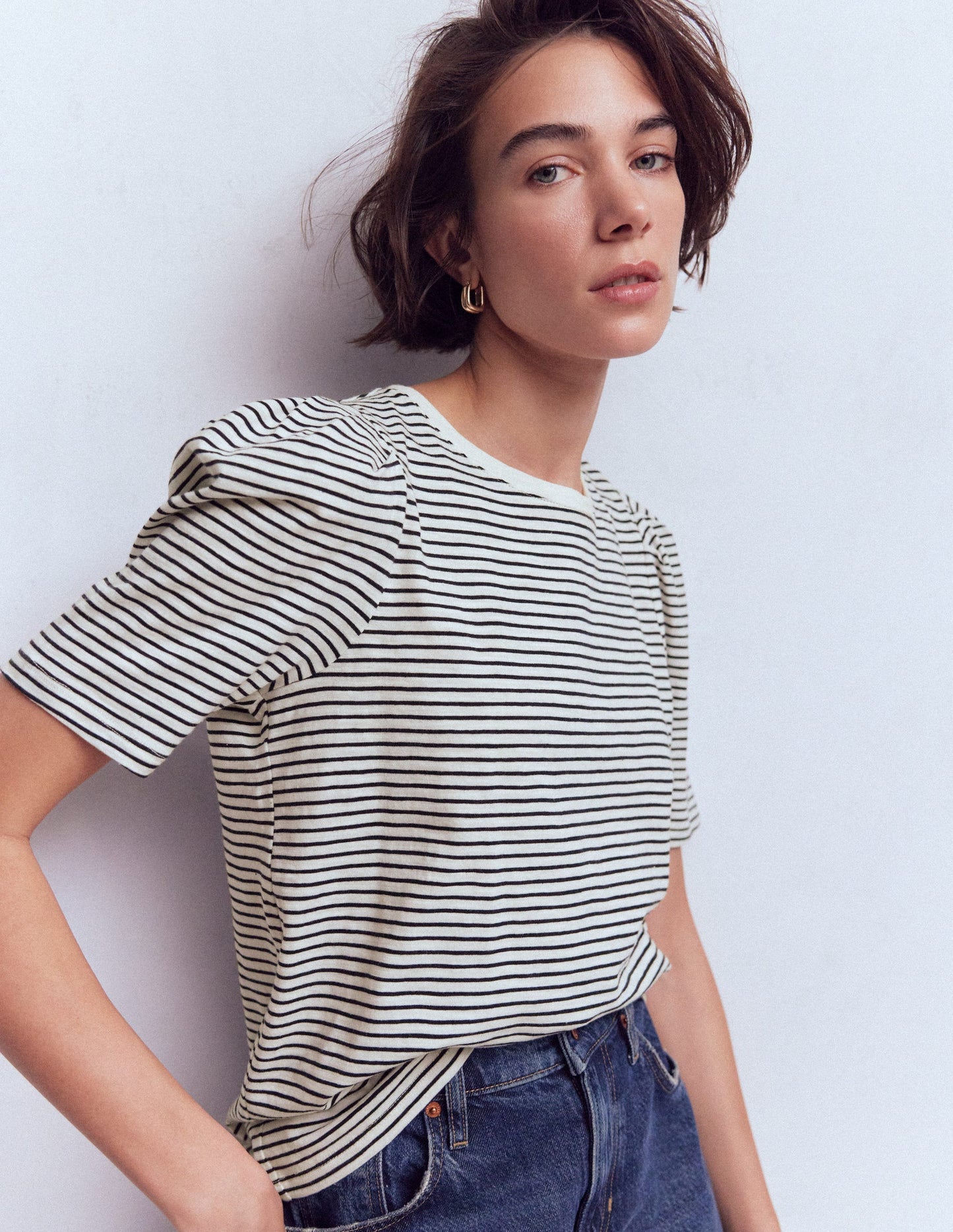 Pleat Sleeve T-shirt-Navy and Ivory Stripe
