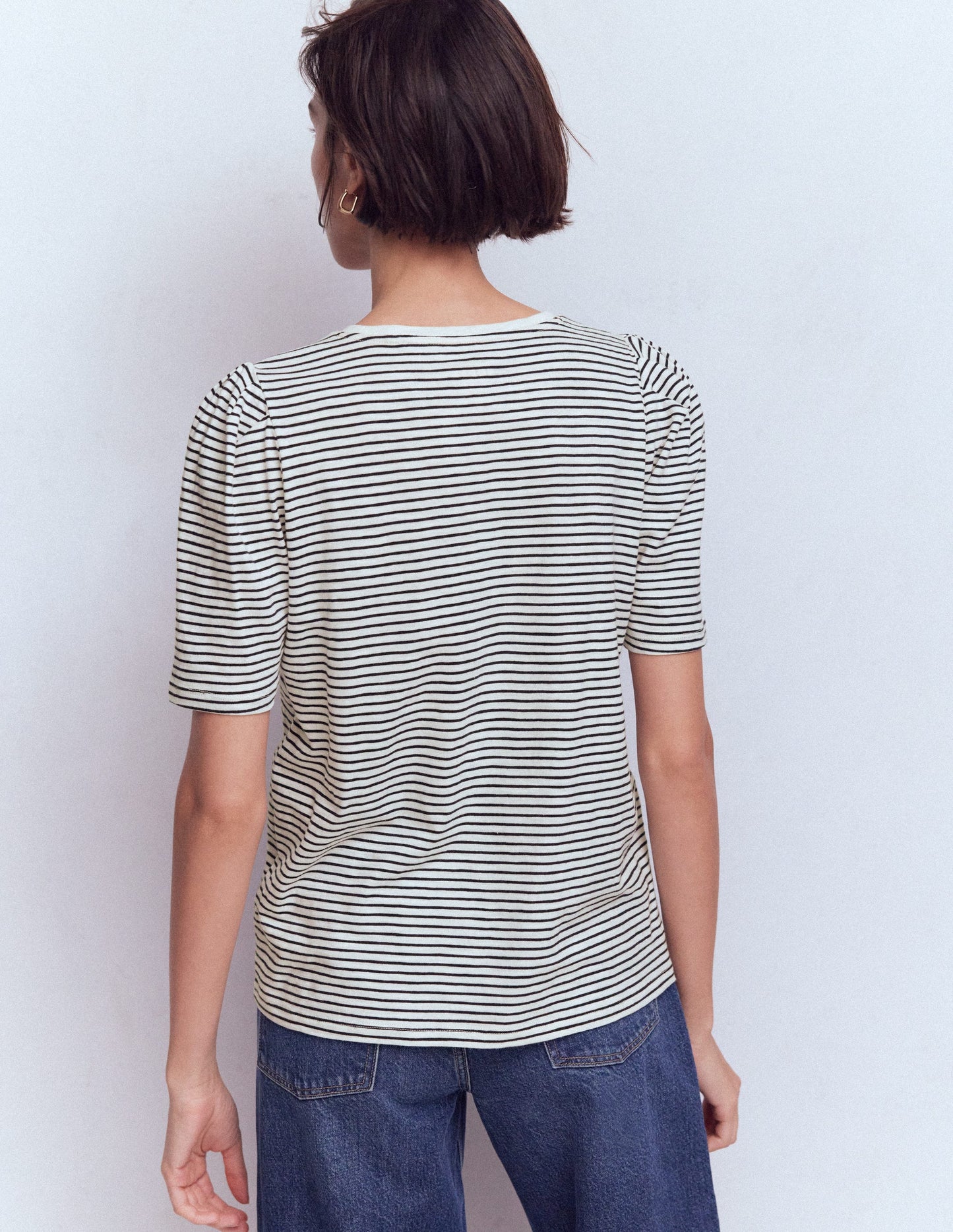 Pleat Sleeve T-shirt-Navy and Ivory Stripe