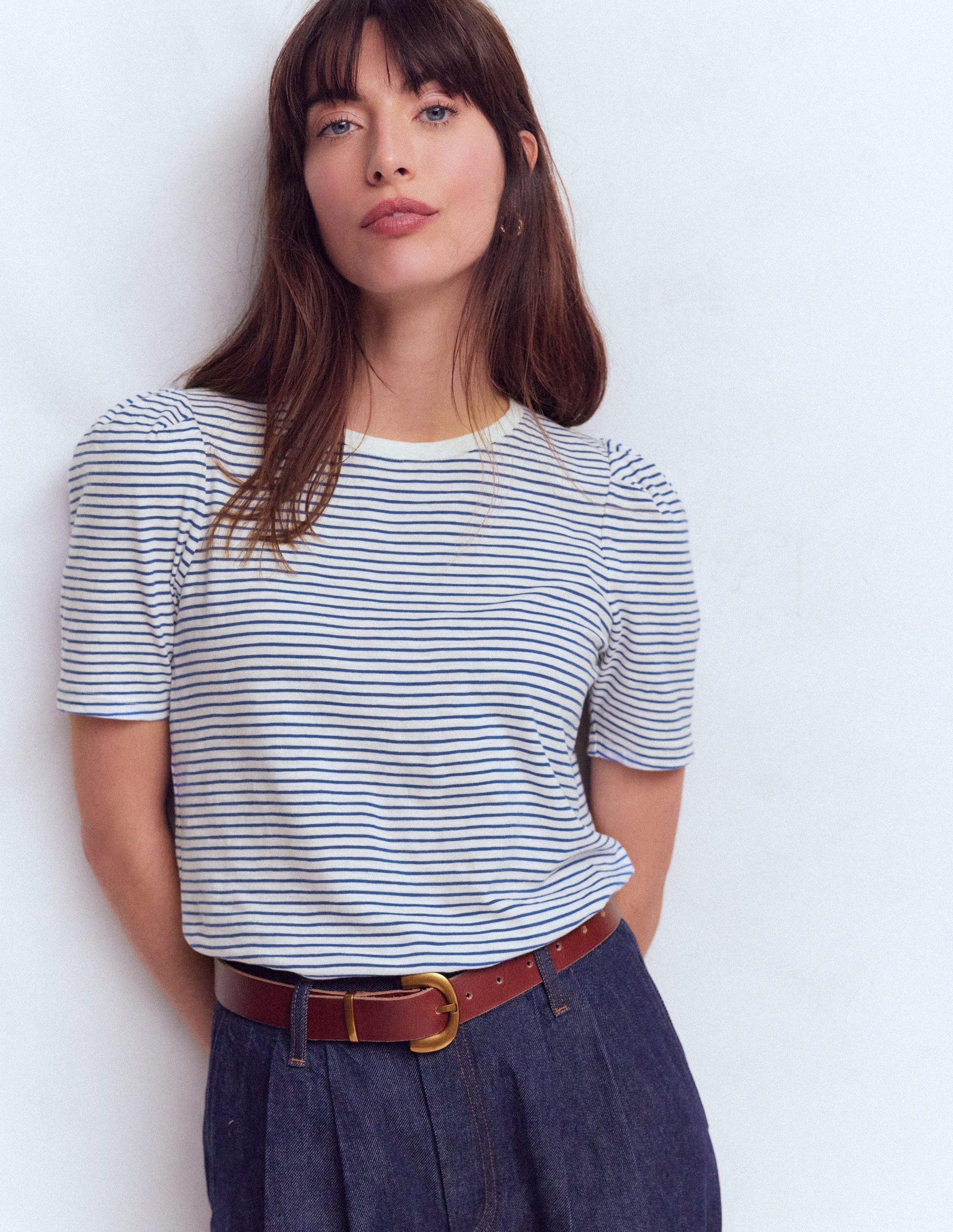 Pleat Sleeve T-shirt-Beaucoup Blue and Ivory Stripe-1