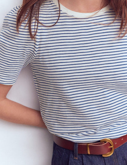 Pleat Sleeve T-shirt-Beaucoup Blue and Ivory Stripe-2