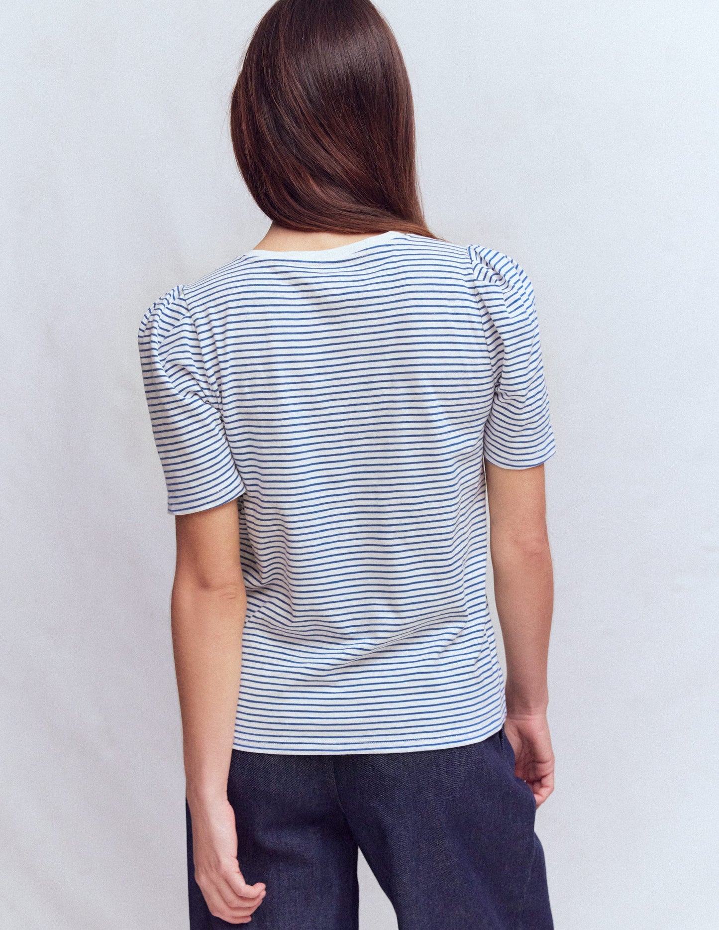 Pleat Sleeve T-shirt-Beaucoup Blue and Ivory Stripe