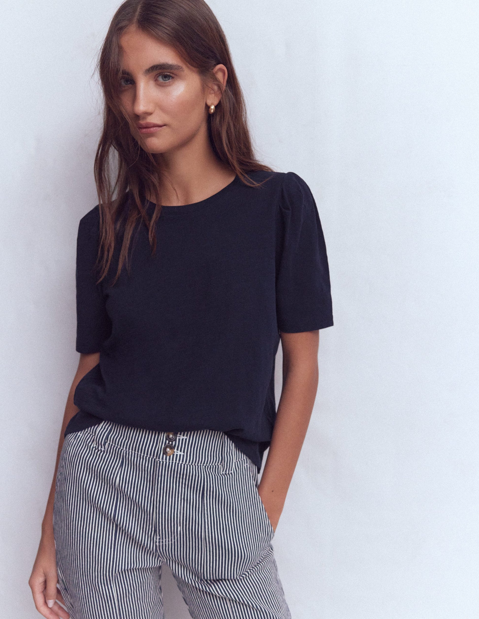 Pleat Sleeve T-shirt-Navy-1