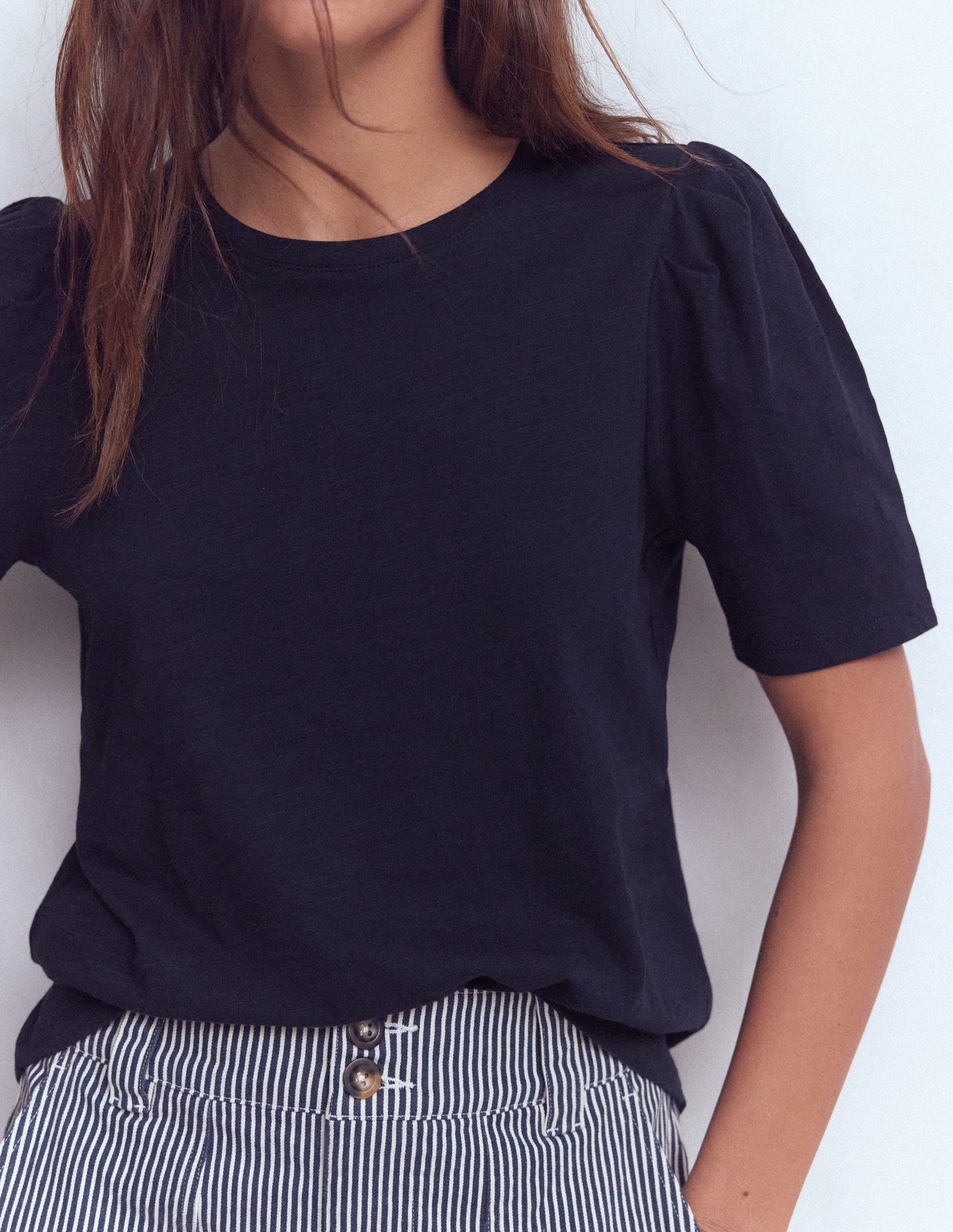 Pleat Sleeve T-shirt-Navy