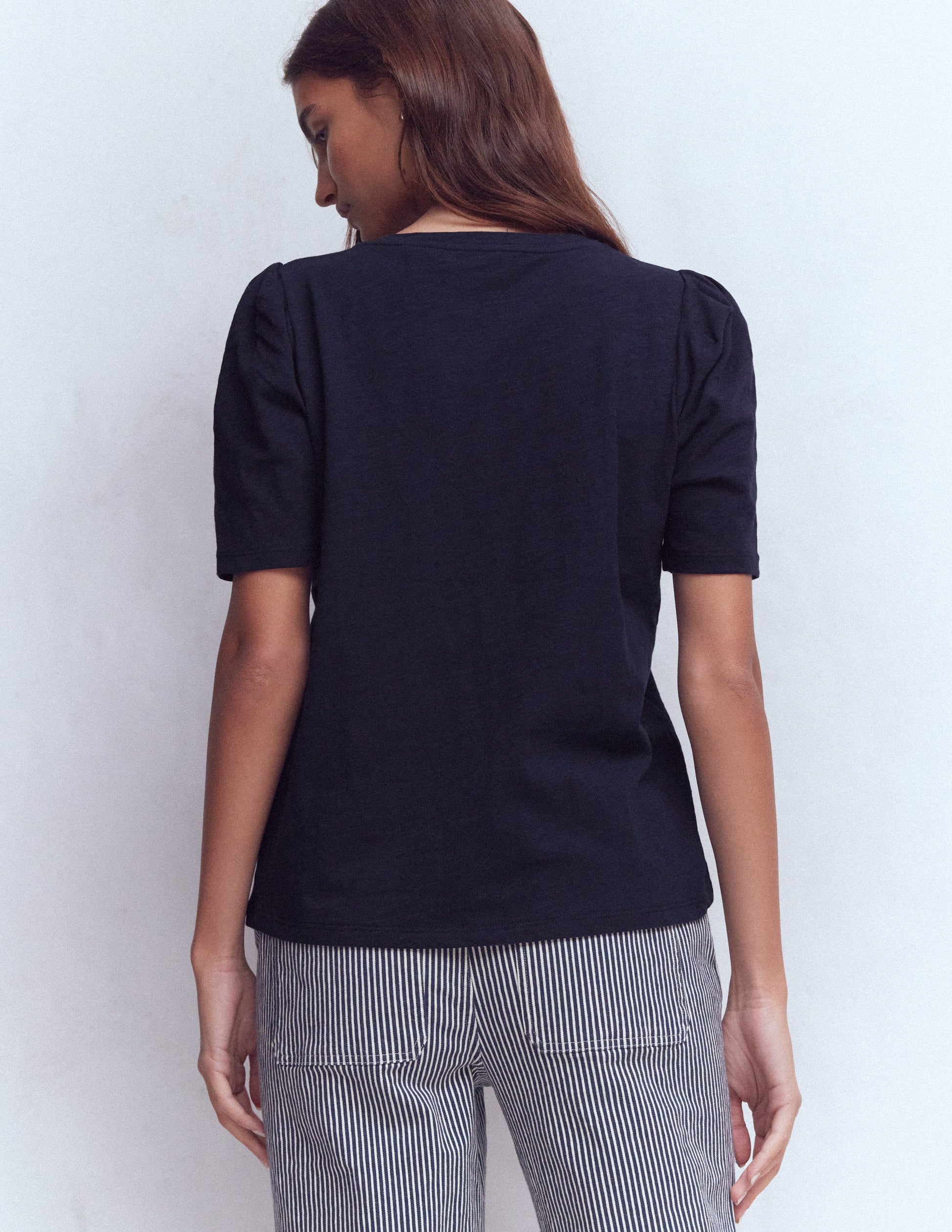 Pleat Sleeve T-shirt-Navy-3