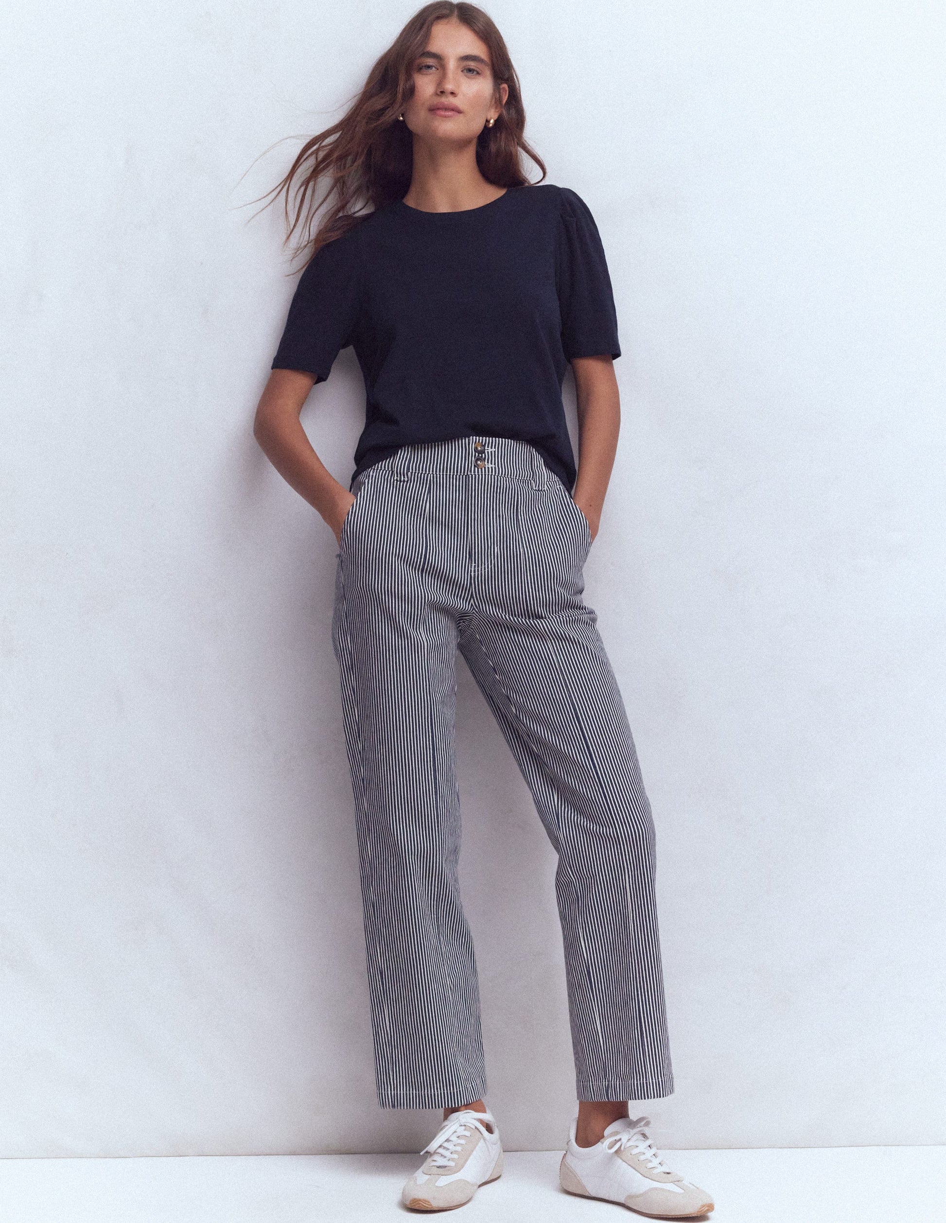 Pleat Sleeve T-shirt-Navy-4