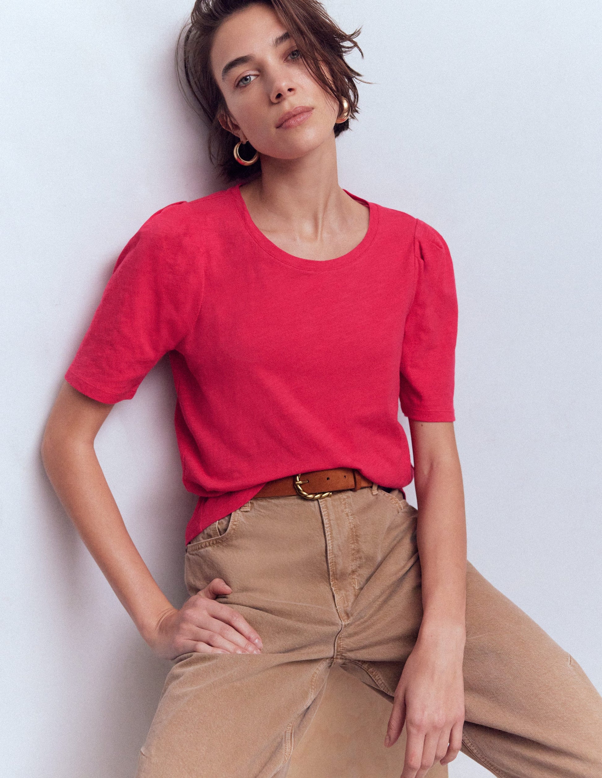 Pleat Sleeve T-shirt-Virtual Pink-1