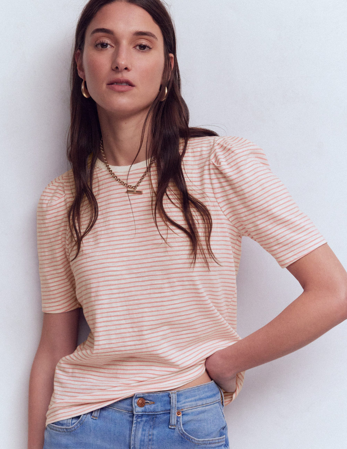 Sophie Puff Sleeve T-shirt-Formica Pink and Ivory Stripe - Image 1