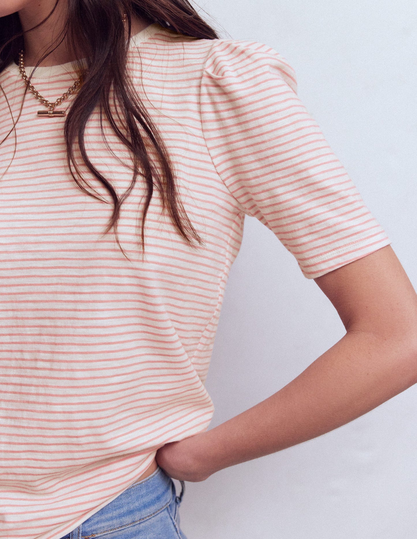 Pleat Sleeve T-shirt-Formica Pink and Ivory Stripe