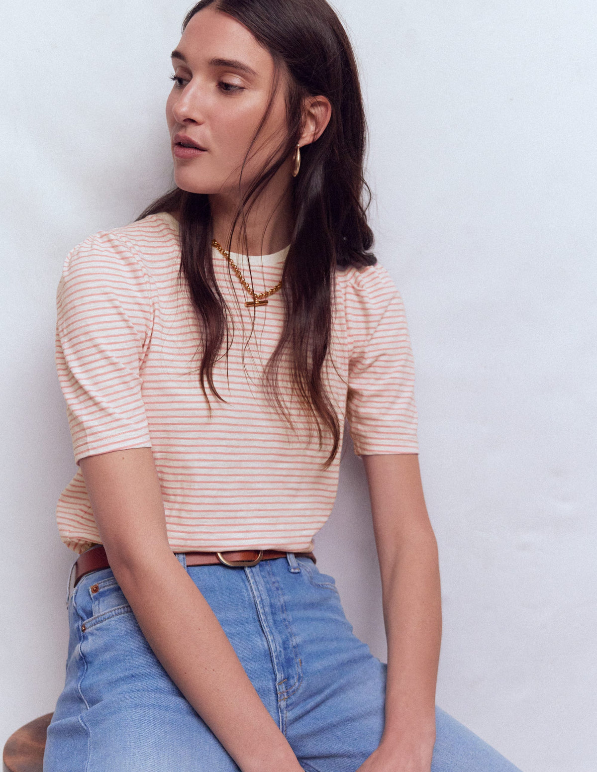 Sophie Puff Sleeve T-shirt-Formica Pink and Ivory Stripe - Image 4