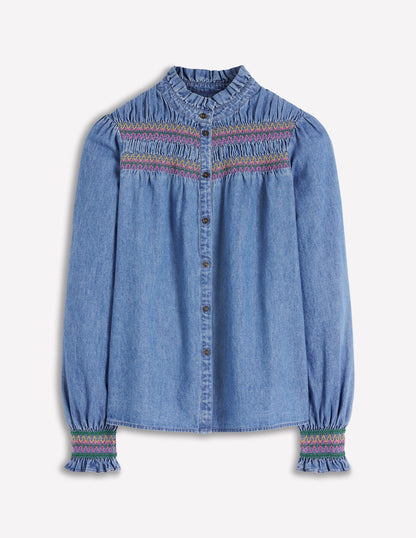 Esme Smocked Denim Frill Top-Light Vintage-6