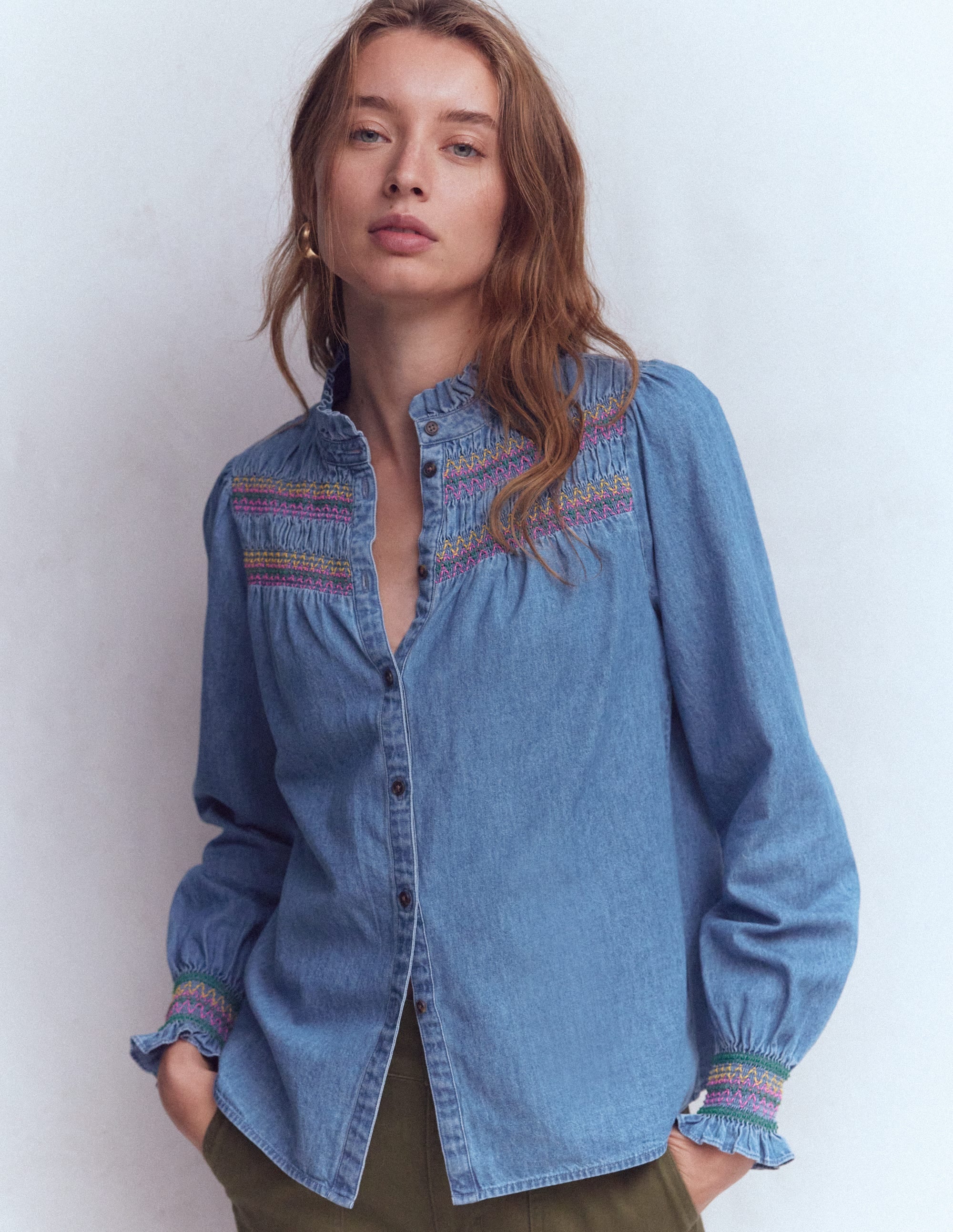 Esme Smocked Denim Frill Top-Light Authentic - Image 1