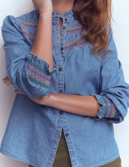 Esme Smocked Denim Frill Top-Light Vintage-2