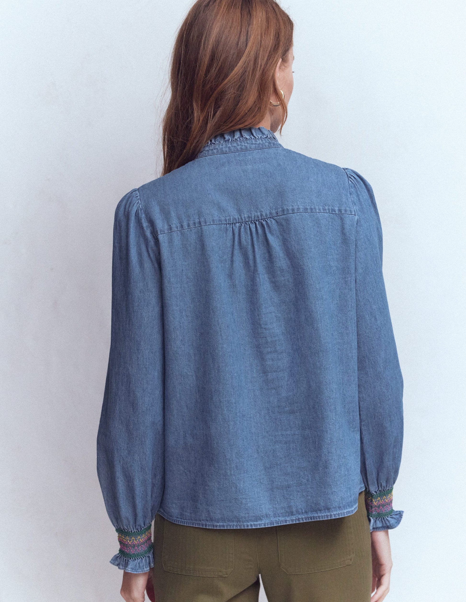 Esme Smocked Denim Frill Top-Light Vintage-3