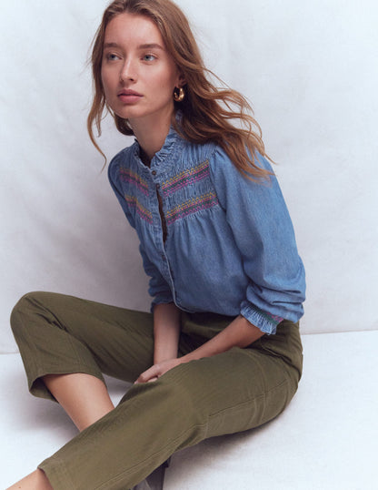 Esme Smocked Denim Frill Top-Light Vintage-4