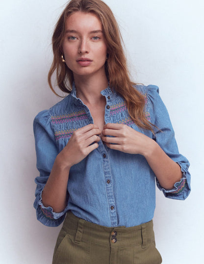 Esme Smocked Denim Frill Top-Light Vintage-5