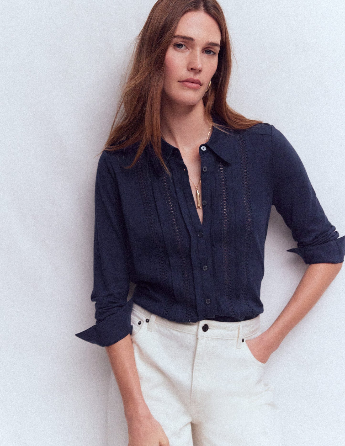 Trim Detail Jersey Shirt-Navy