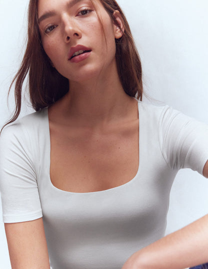 Double Layer Square Neck Tee-White-2