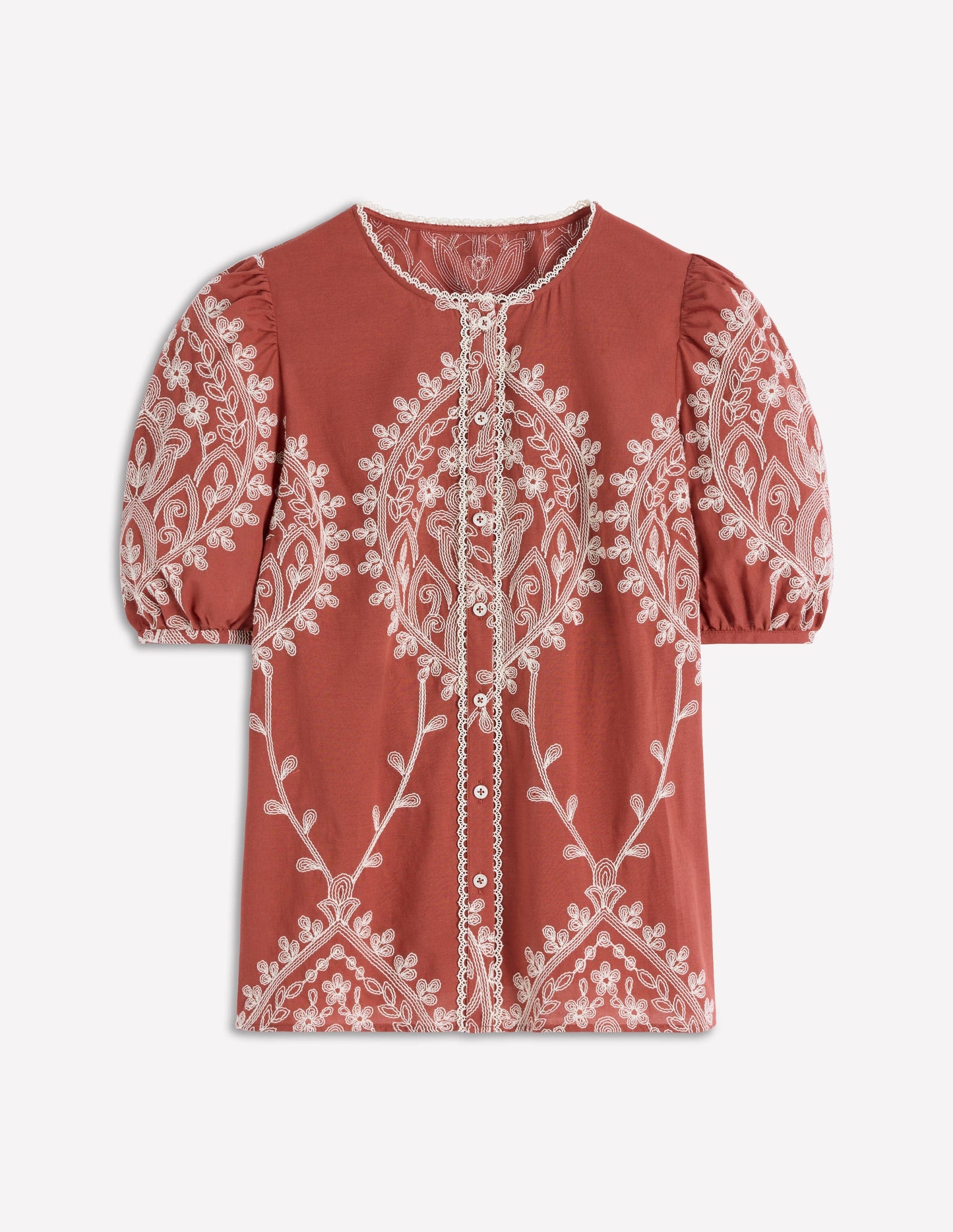 Leah Short Sleeve Interest Top-Red Floral Embroidery